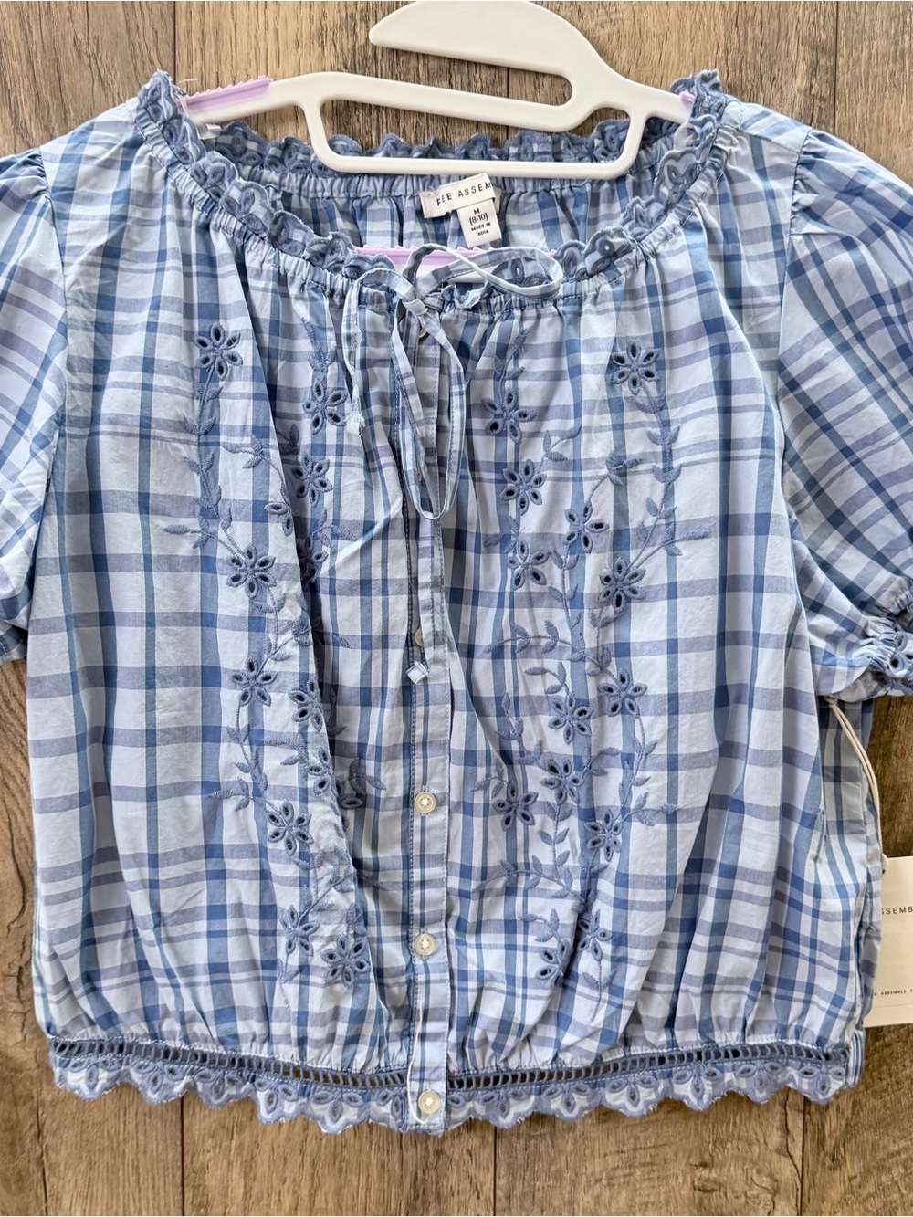 Light Blue Plaid Embroidered Peasant Top by The Assembly Line